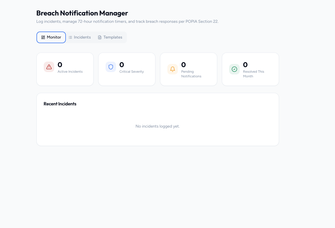 Breach Notification Manager with active incidents, critical severity, and pending notifications.