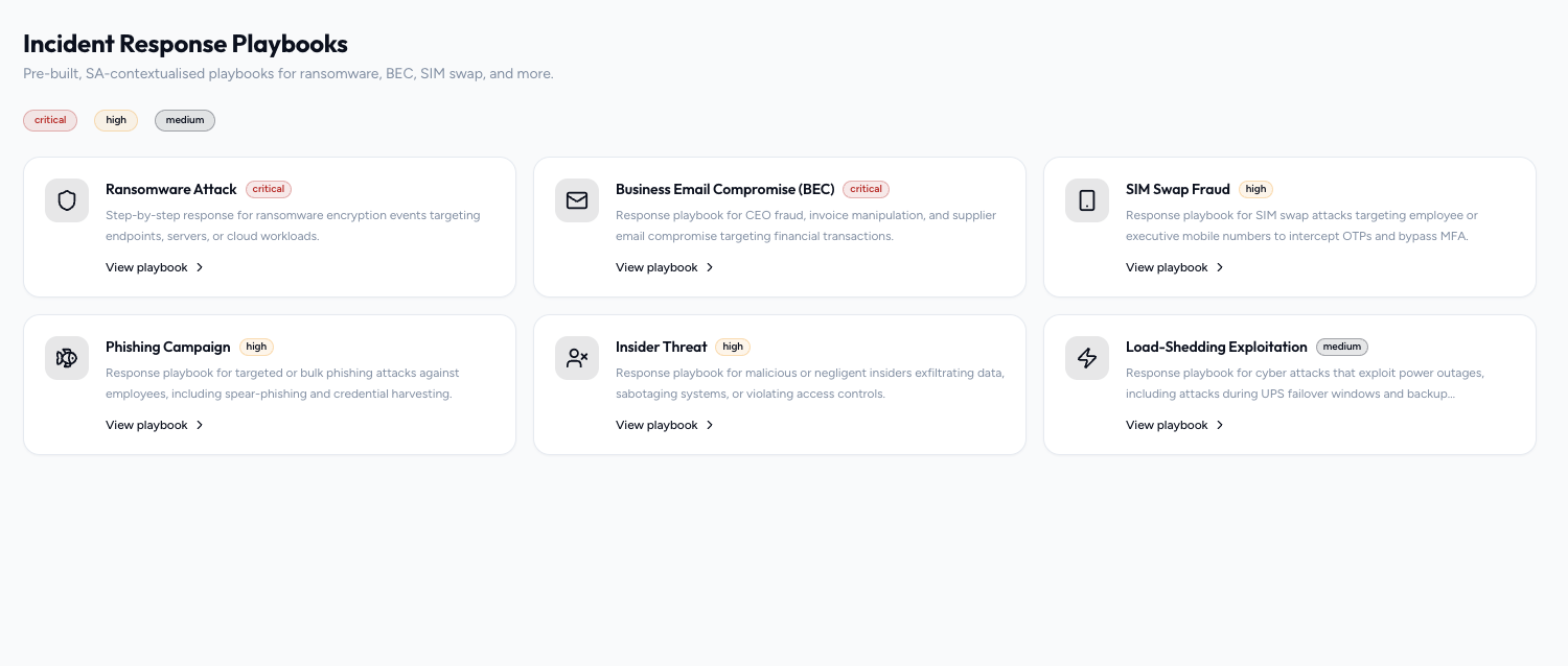 Incident Response Playbooks grid with severity badges for ransomware, BEC, SIM swap and more.